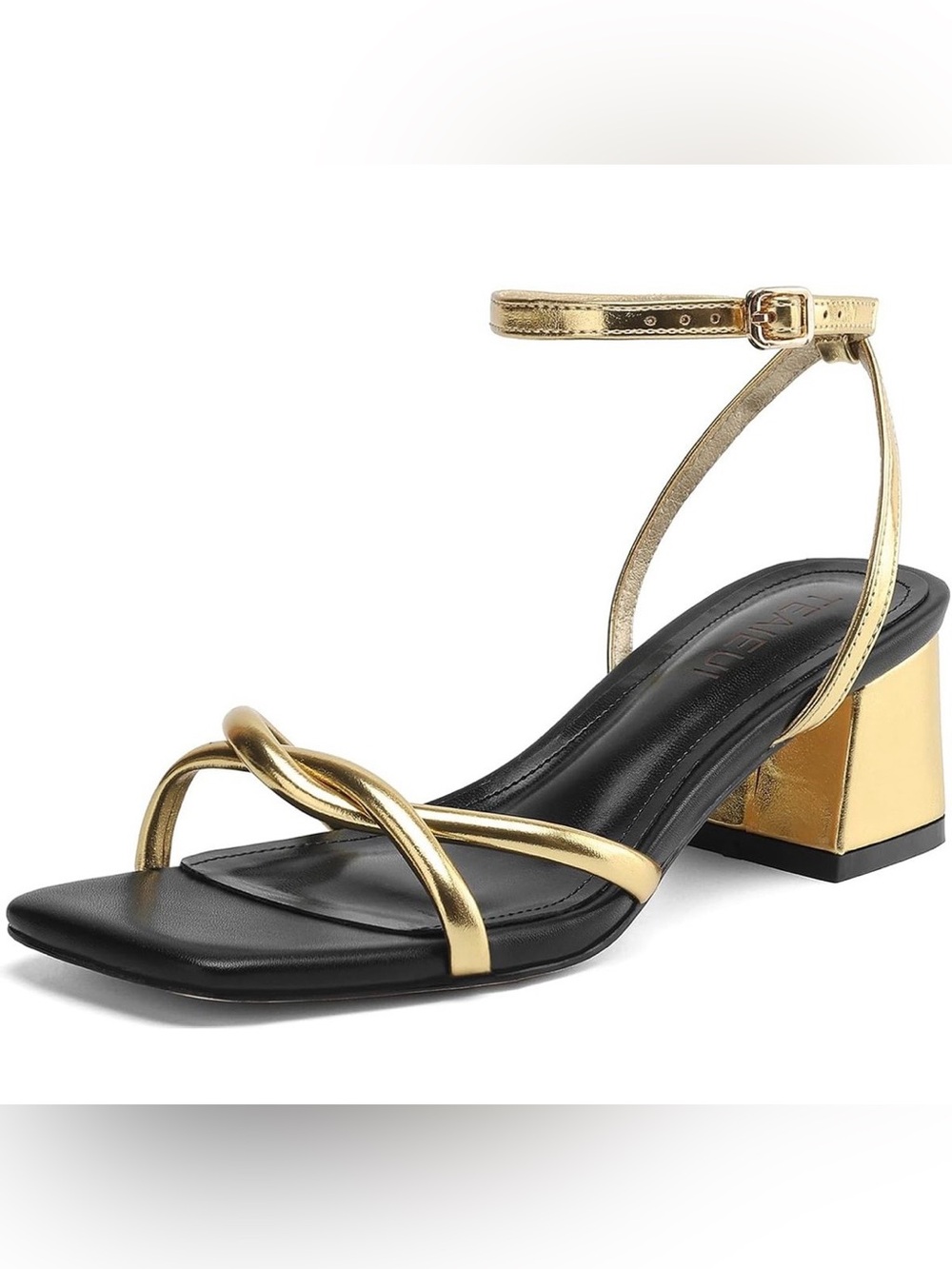 Teaieui Women’s Gold Ankle-Strap Block Heel Sandals in Black & Gold - US Size 8